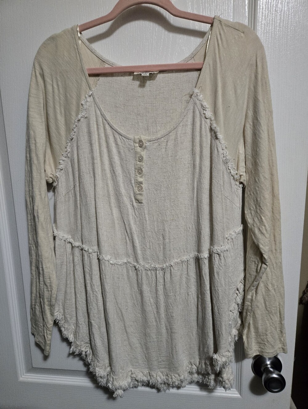 Umgee Cream Long-Sleeve Tiered Button Scoop Top